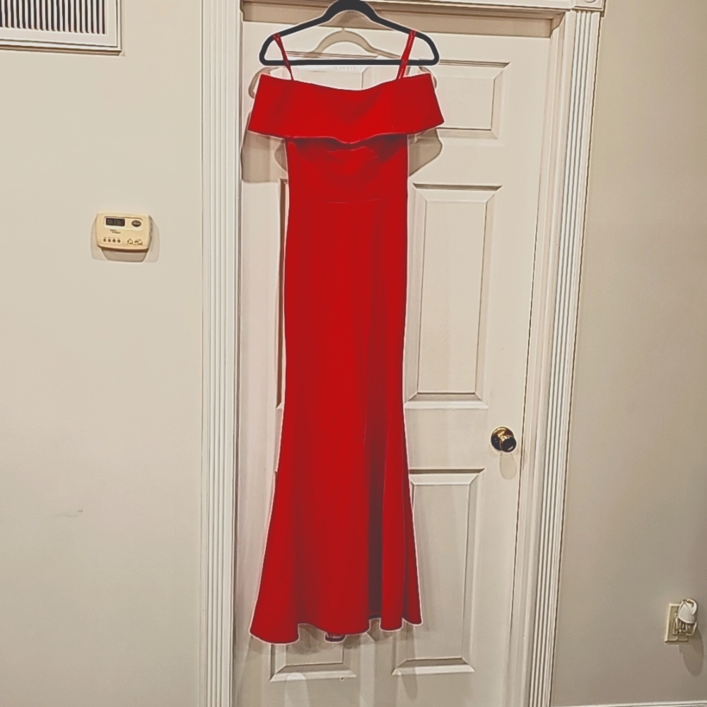 Aqua, Bloomingdale's red off the shoulder gown
